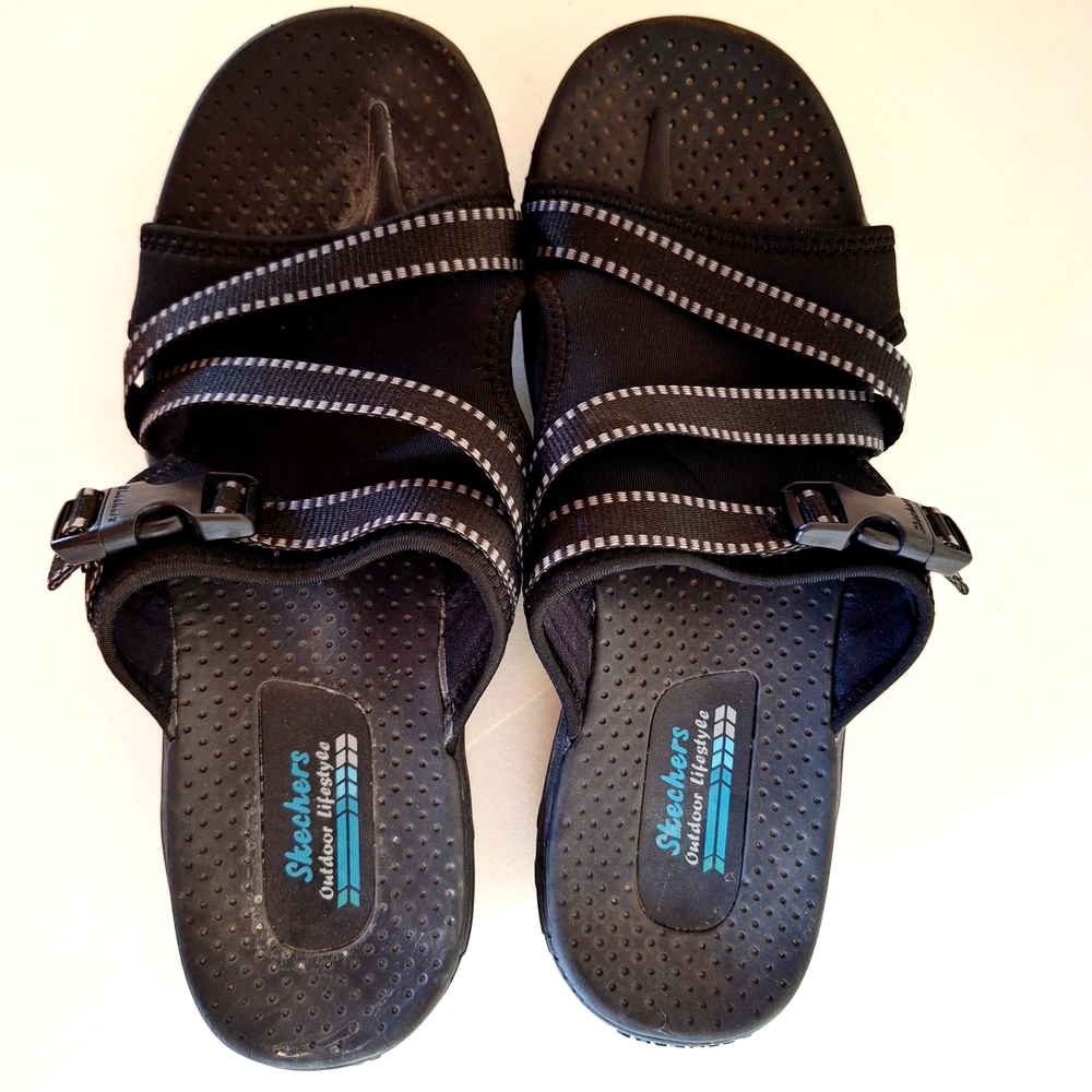 Skechers Reggae Navy Blue Slide On Sandal Arch Suppprt Very Good Conditon Sz 10 - Picture 5 of 8